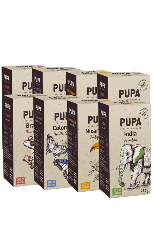 PUPA Specialty Coffee 4 kavų rinkinys – Brasil, Colombia, Nicaragua, India, malta arabika, vakuume