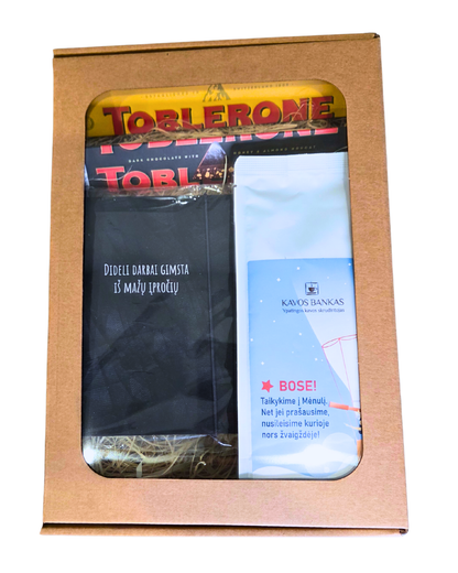 Boso dienos dovanų rinkinys: kava + užrašinė + šokoladas