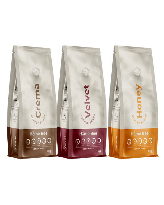 HomeBee Crema + Honey + Velvet – kavos pupelių rinkinys