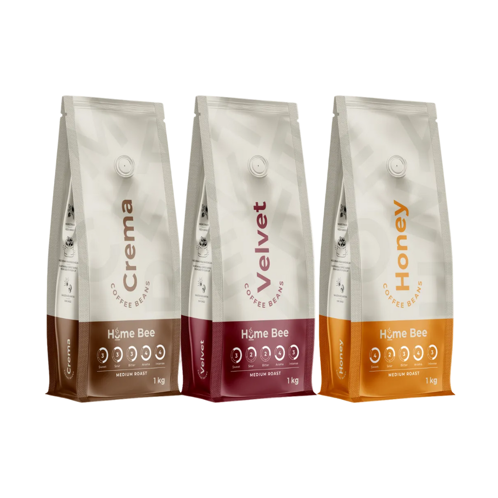 HomeBee Crema + Honey + Velvet – kavos pupelių rinkinys