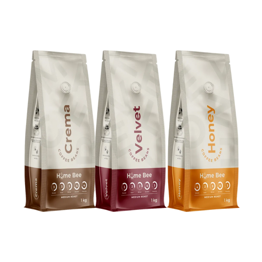 HomeBee Crema + Honey + Velvet – kavos pupelių rinkinys