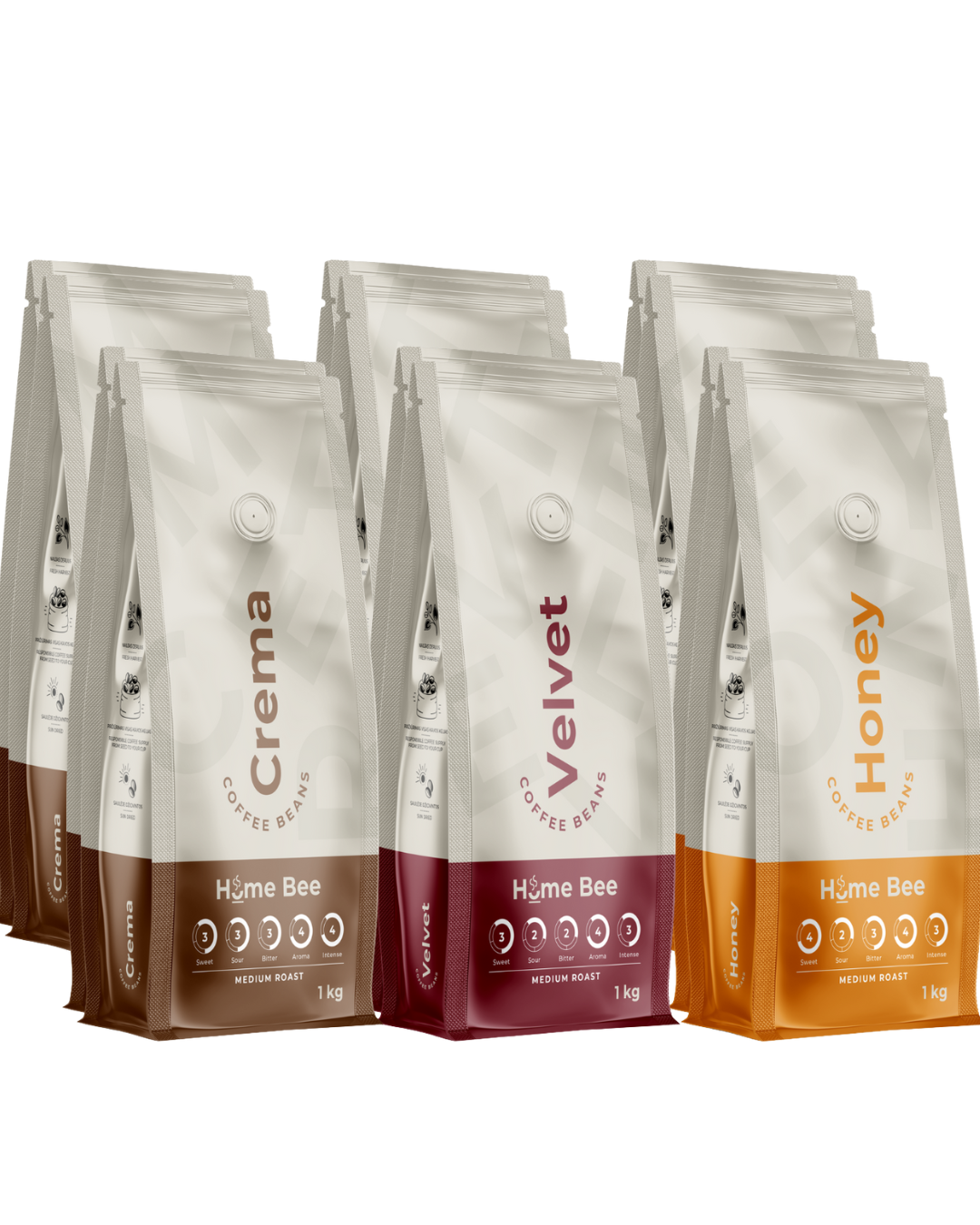 HomeBee Crema + Honey + Velvet – kavos pupelių rinkinys