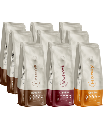 HomeBee Crema + Honey + Velvet – kavos pupelių rinkinys