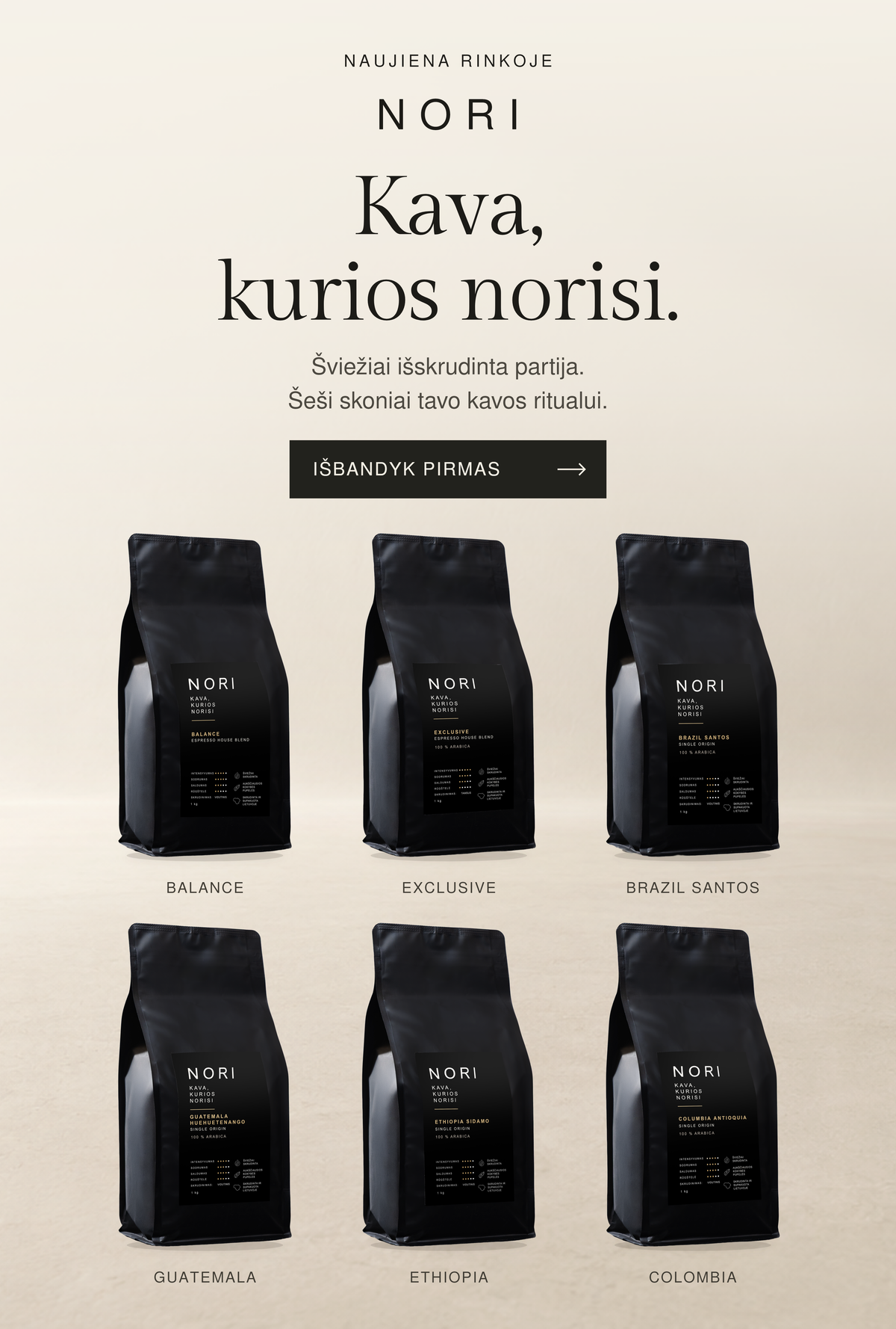 NORI kava, kurios norisi – šešios kavos rūšys. Baneris telefonui.