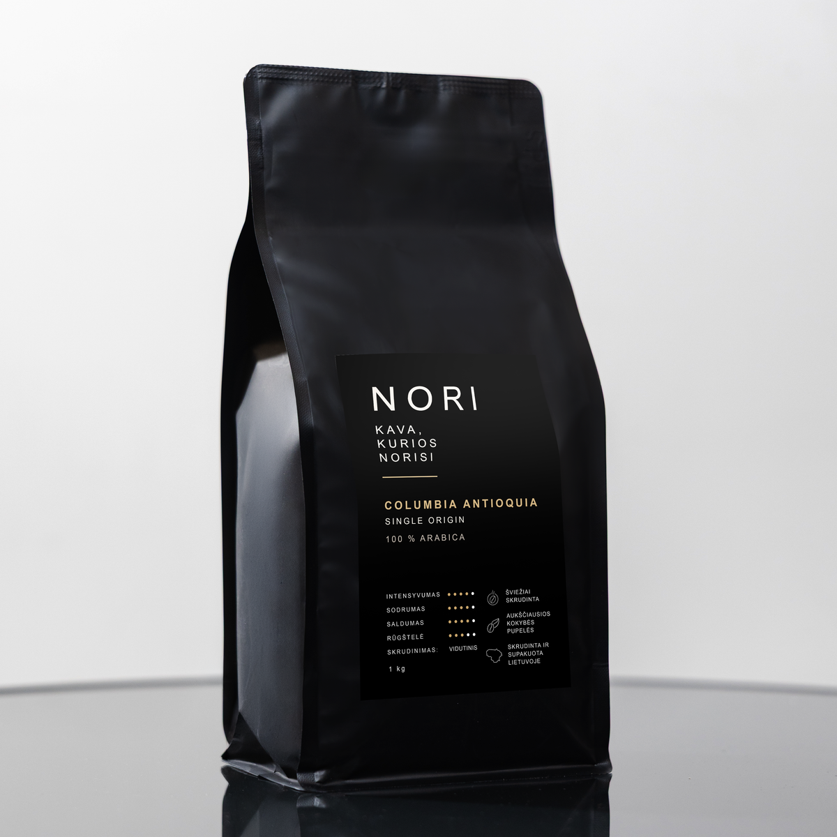 NORI COLOMBIA ANTIOQUIA kavos pupelės, 1 kg – su fonu