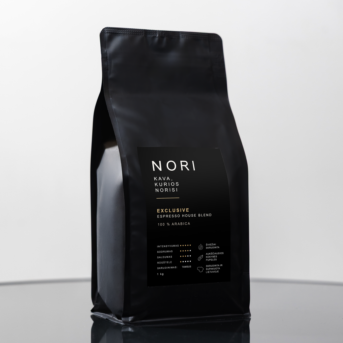 NORI EXCLUSIVE kavos pupelės, 1 kg – su fonu