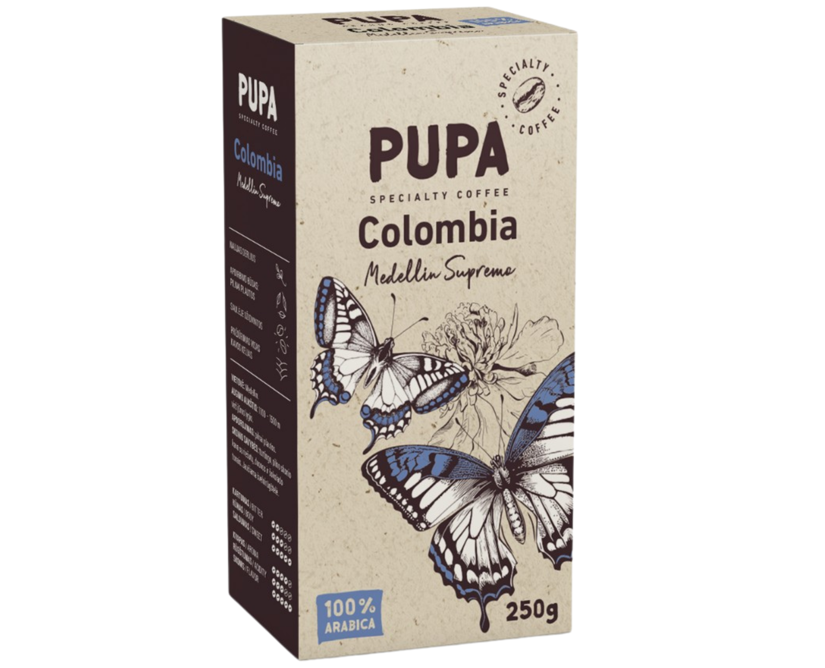 PUPA Colombia Medellin Supremo malta kava 250g vakuume – 100% arabika iš Kolumbijos, riešutų ir karamelės skonis, vidutiniškai skrudinta