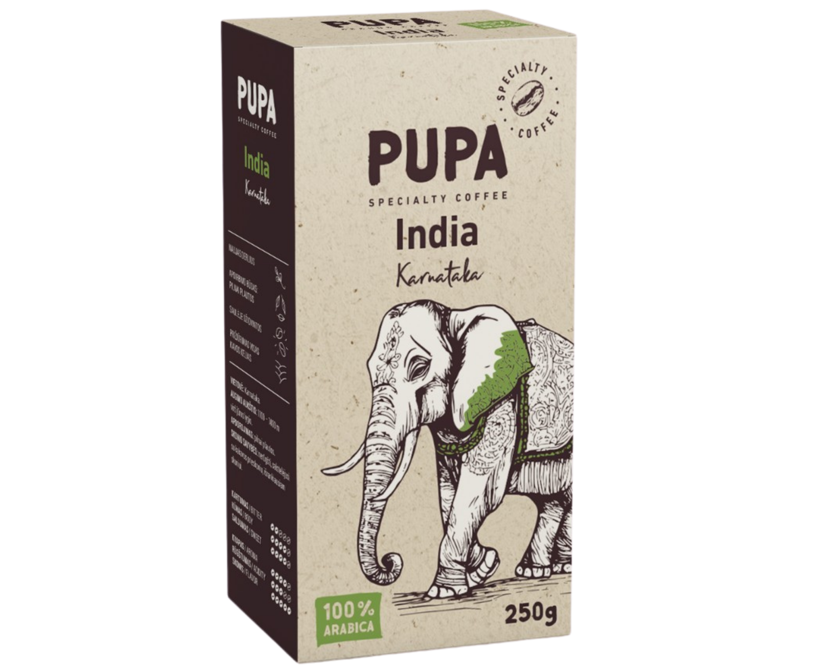 PUPA India Karnataka malta kava 250g vakuume – 100% arabika iš Indijos, nerūgštus, vidutiniškai skrudinta