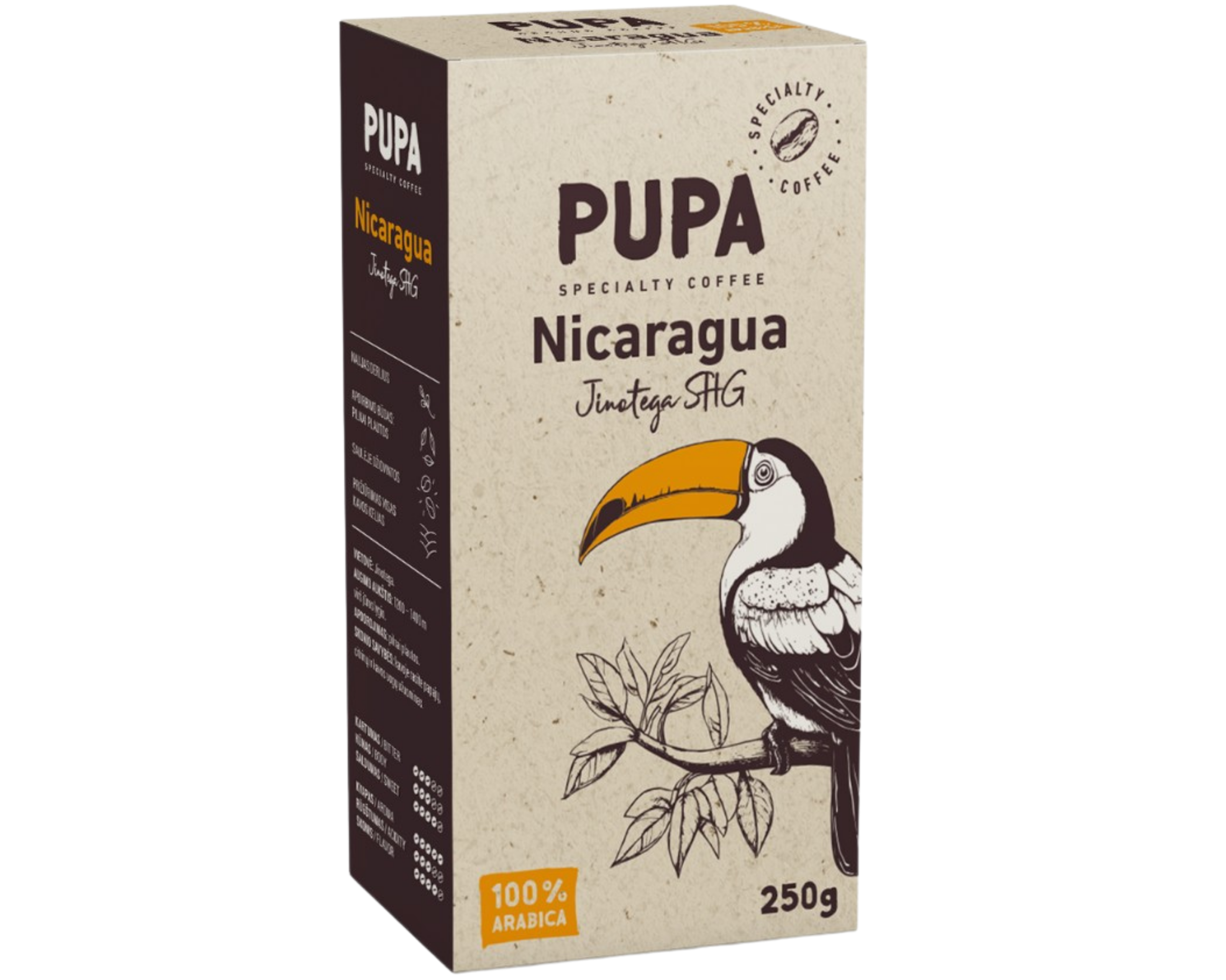 PUPA Nicaragua Jinotega SHG malta kava 250g vakuume – 100% arabika iš Nikaragvos, vidutinis skrudinimas