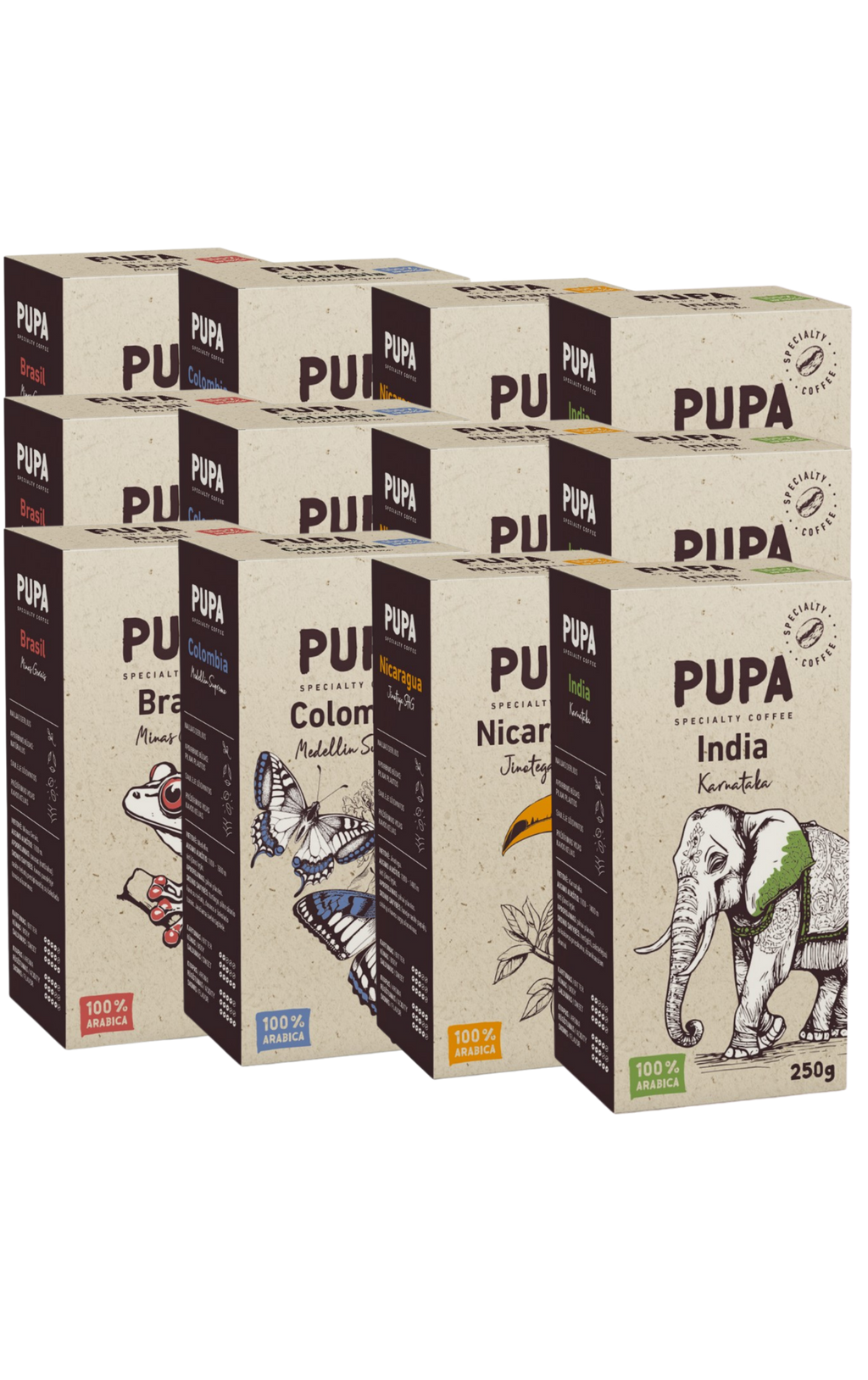 PUPA Specialty Coffee 4 kavų rinkinys – Brasil, Colombia, Nicaragua, India, malta arabika, vakuume