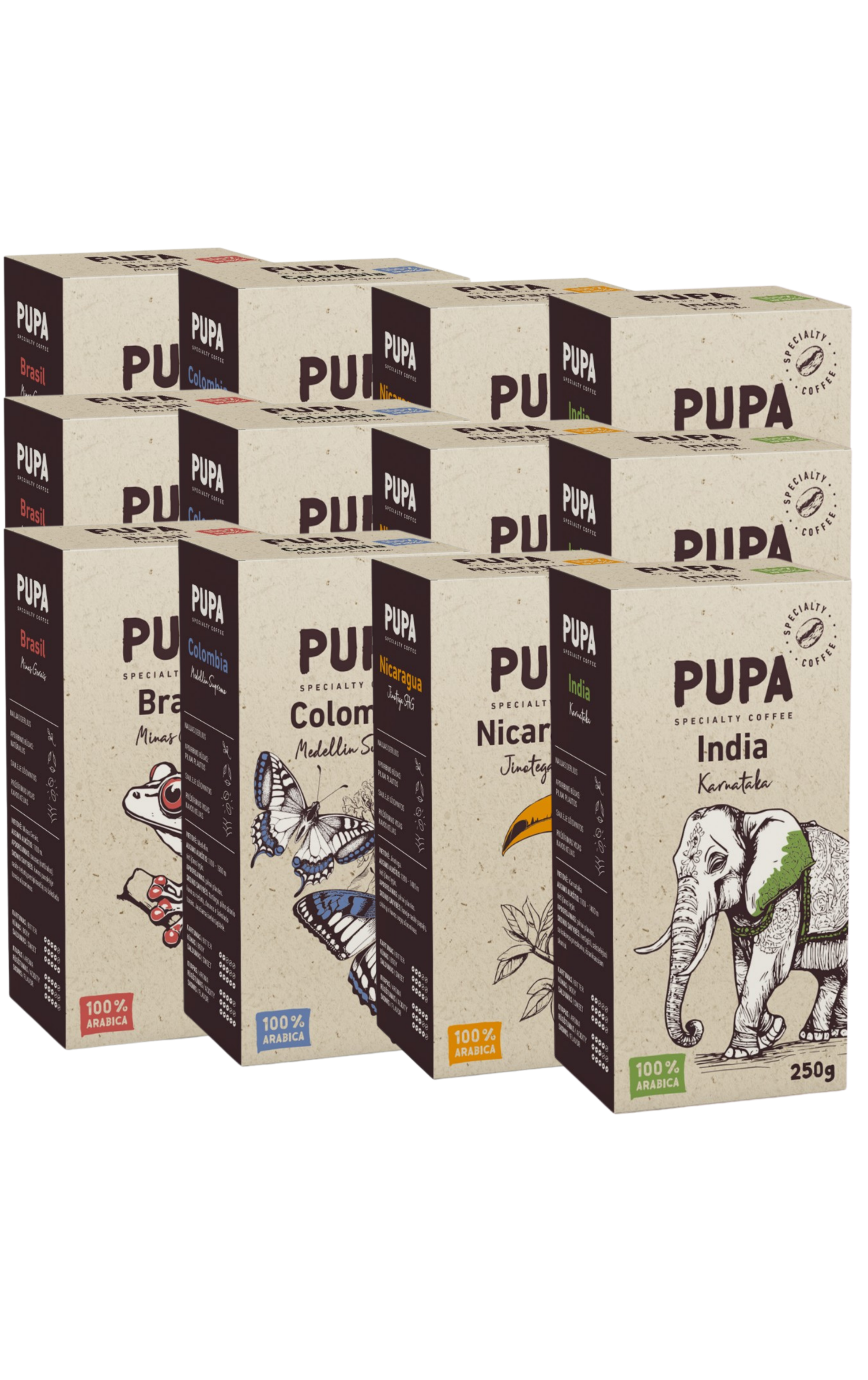 PUPA Specialty Coffee 4 kavų rinkinys – Brasil, Colombia, Nicaragua, India, malta arabika, vakuume