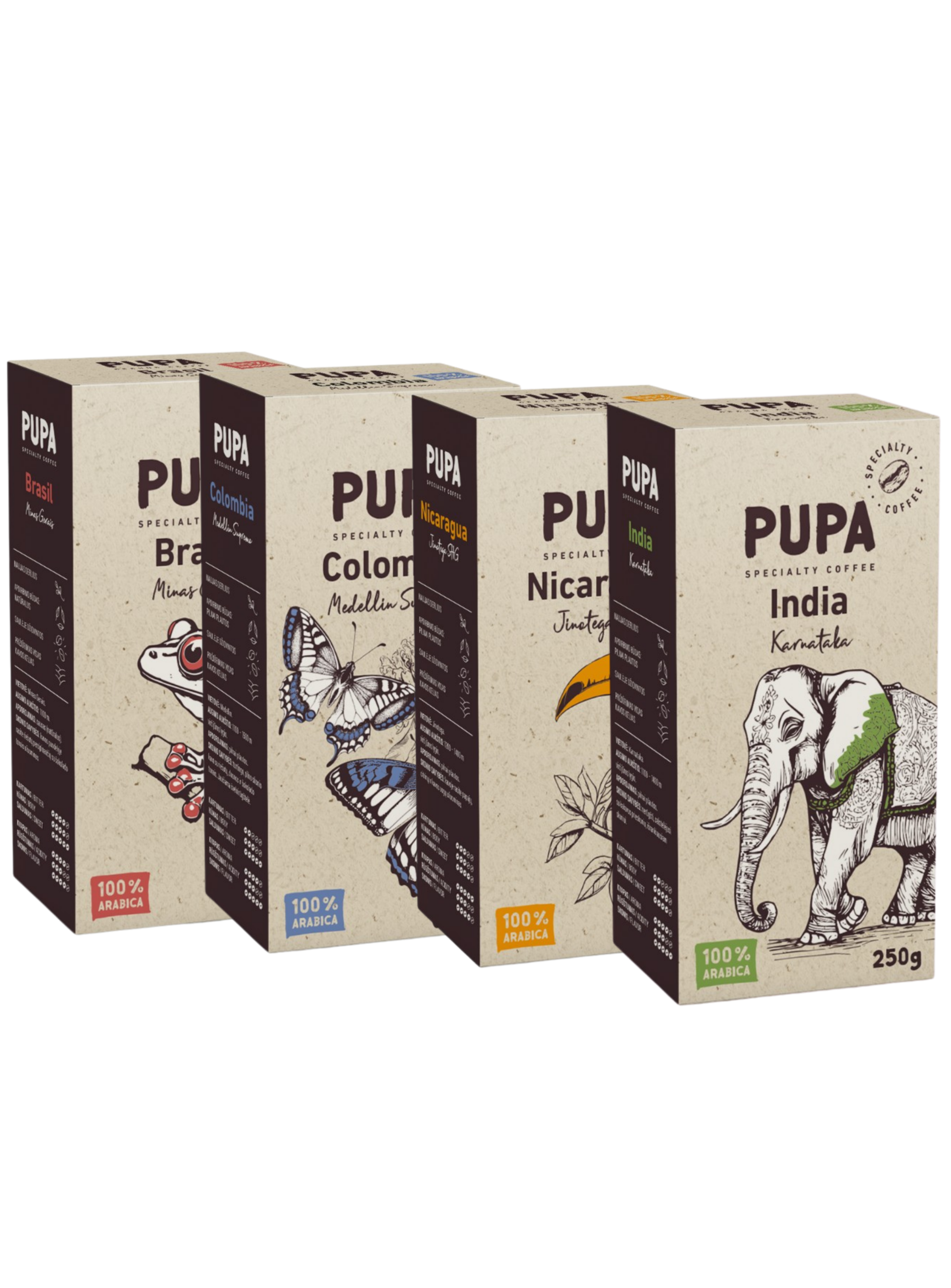 PUPA Specialty Coffee 4 kavų rinkinys – Brasil, Colombia, Nicaragua, India, malta arabika, vakuume