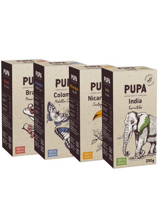 PUPA Specialty Coffee 4 kavų rinkinys – Brasil, Colombia, Nicaragua, India, malta arabika, vakuume