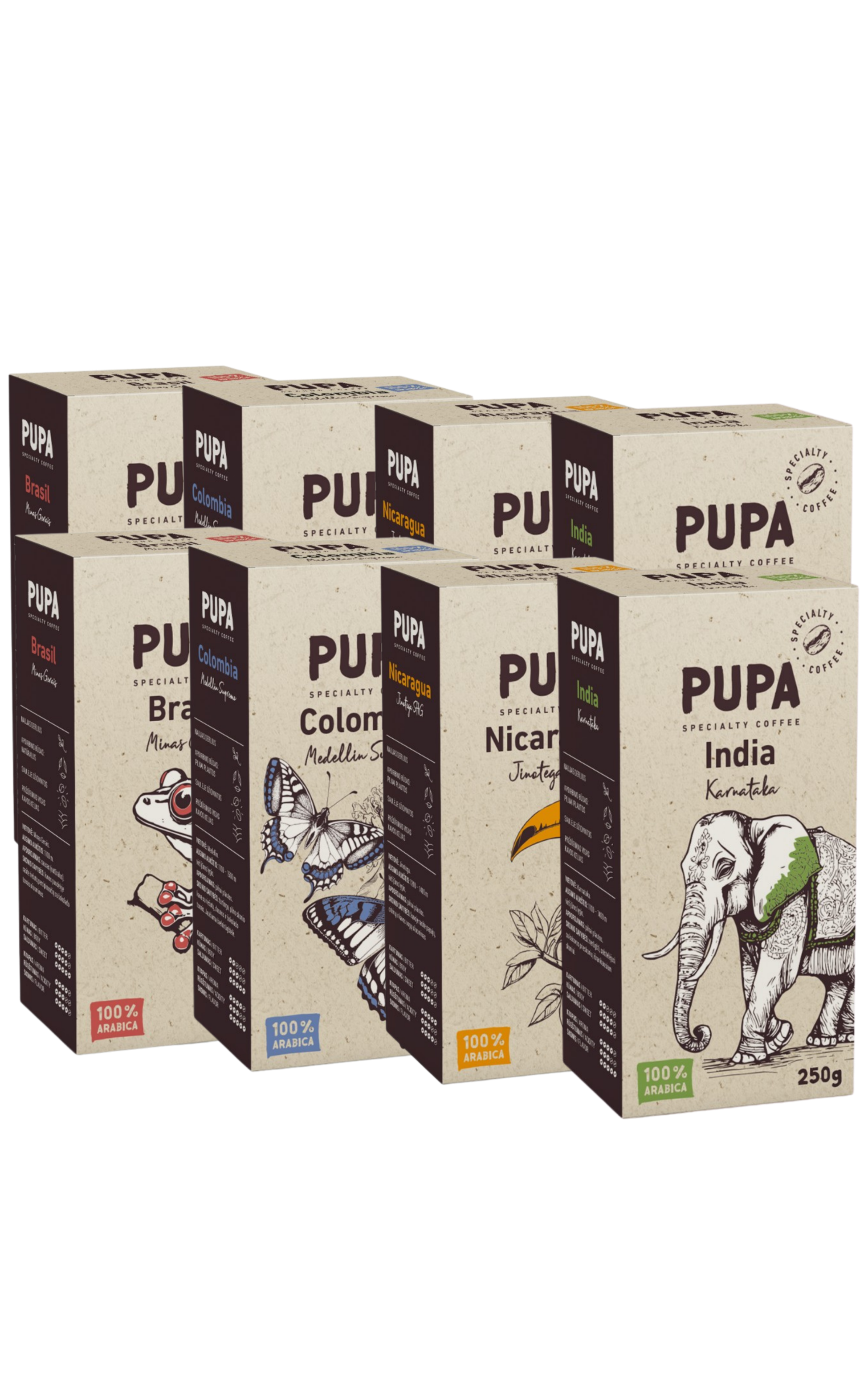 PUPA Specialty Coffee 4 kavų rinkinys – Brasil, Colombia, Nicaragua, India, malta arabika, vakuume